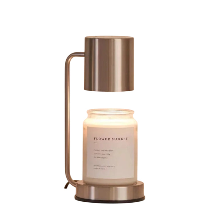 Brushed steel candle warmer lamp with cylindrical head and round base for large jar candles, modern minimalist