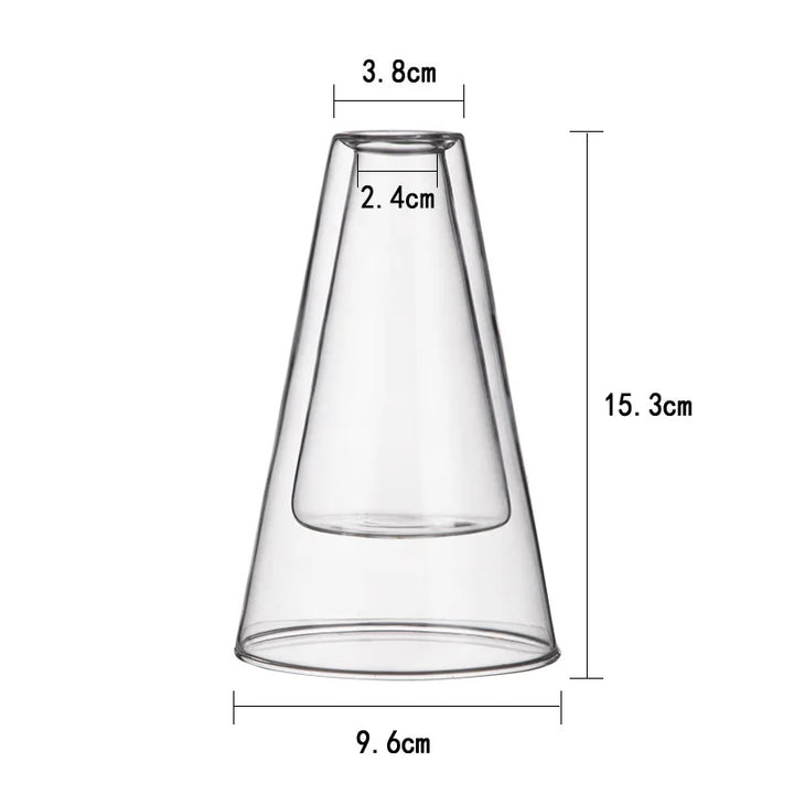 Clear glass diffuser size chart showing 15.3 cm height with top and bottom diameter dimensions