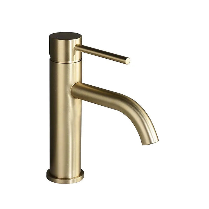 Brushed gold bathroom tap with round base and curved spout, modern minimalist look.
