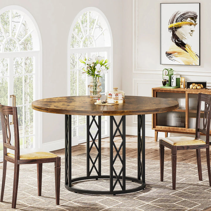 Dining room with a wooden table and chairs, decorative elements, and a large window.