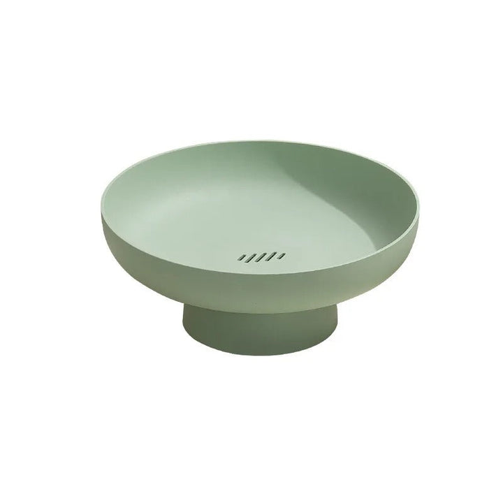 Mint green PP pedestal fruit bowl, 26cm dia × 11cm, drainage slots, Nordic kitchen serving dish