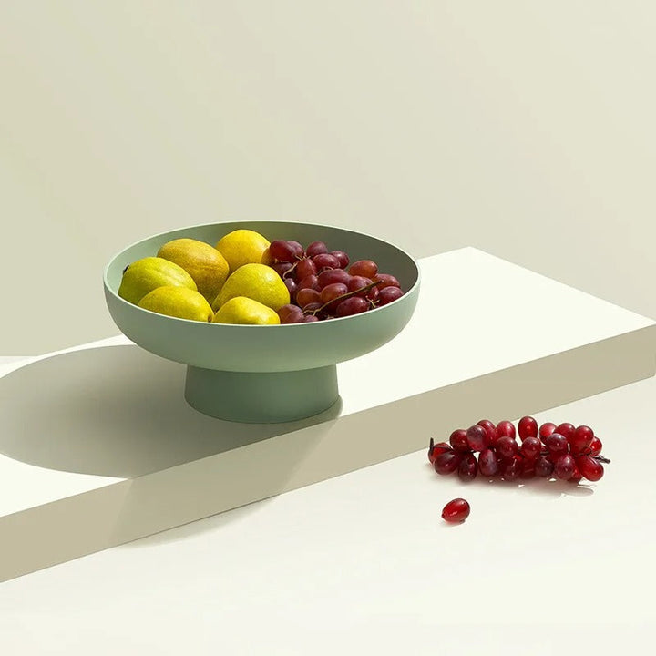 Mint PP pedestal fruit bowl, 26×11cm, holding lemons and grapes; modern countertop fruit display
