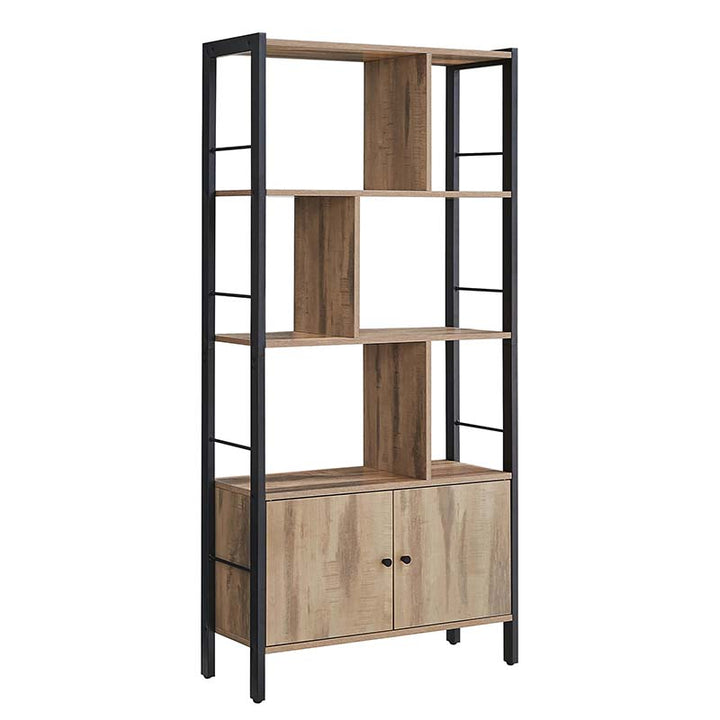 Wooden bookshelf with black metal frame on a white background