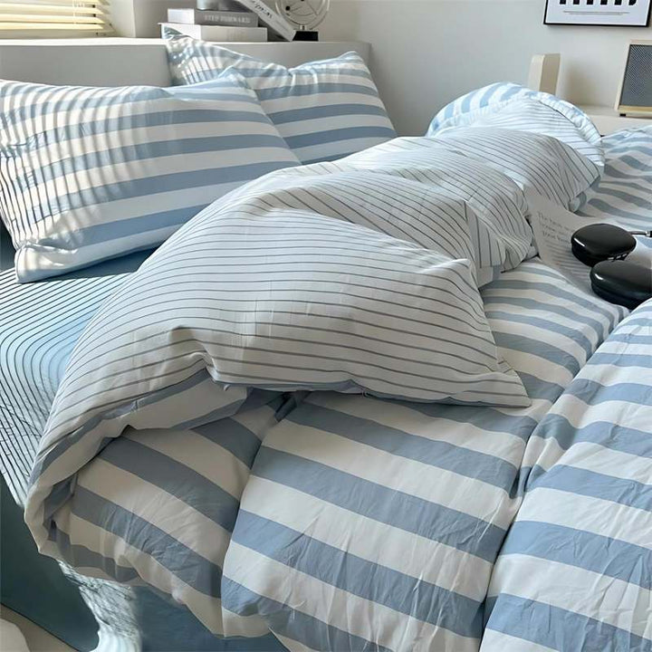 Blue and white striped bedding set with duvet cover and pillowcases, fresh Nordic style