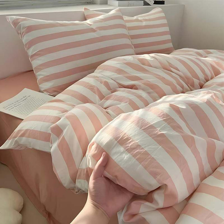 Blush pink and white striped bedding set, duvet cover with pillowcases for cosy modern rooms