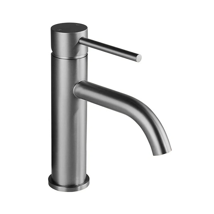 Brushed grey basin mixer tap with cylindrical body and smooth handle, contemporary style.