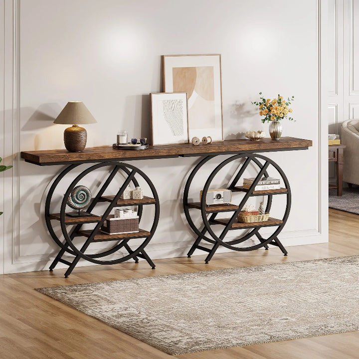 Console table with decorative items in a living room setting