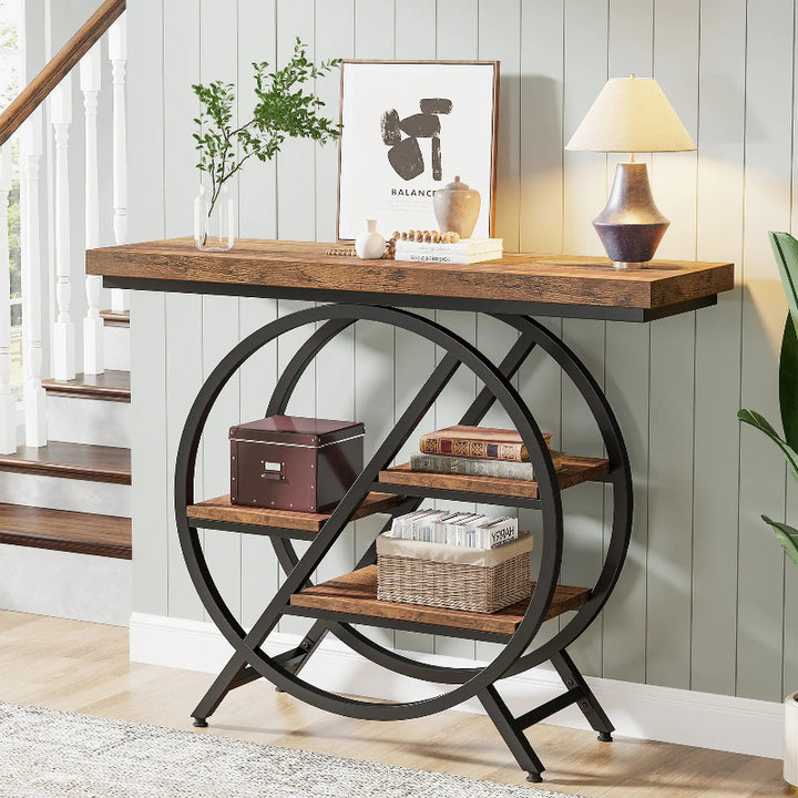 Wooden console table with circular metal base in a home setting