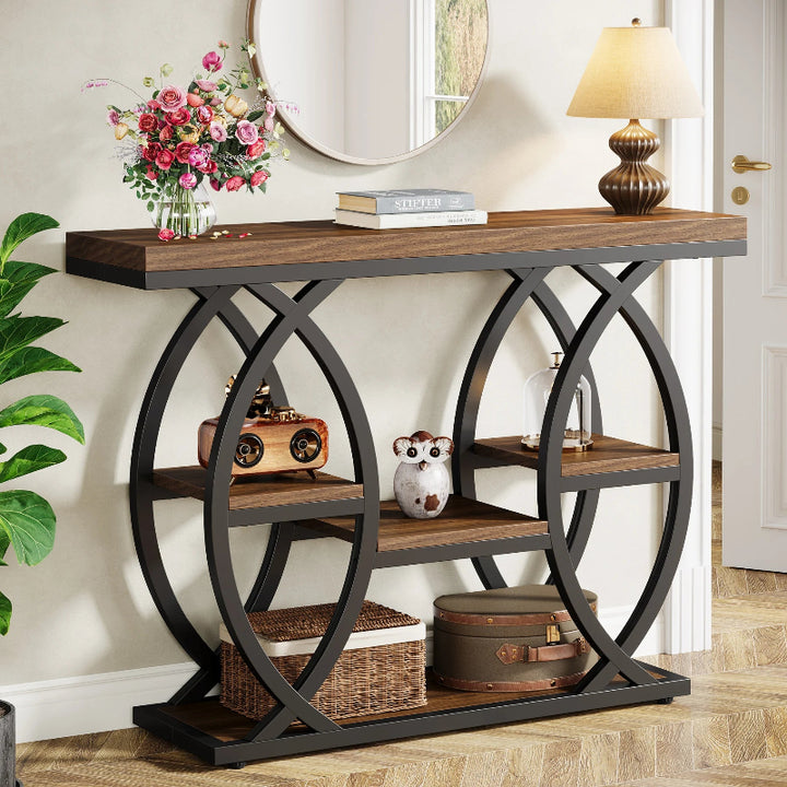 Console table with decorative items in a room setting