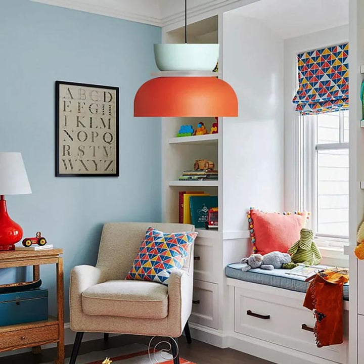 FARG Macaron LED Pendant Light – Red and mint Scandinavian ceiling lamp in a bright, playful children’s reading nook