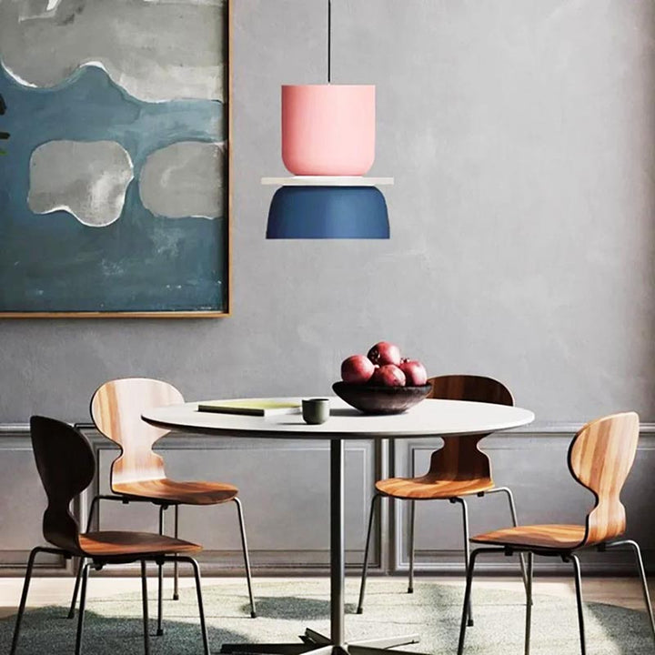 FARG Scandinavian LED Pendant Light – Compact pink and blue macaron-style lamp over a round table in a modern dining space