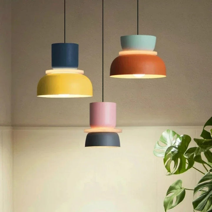 FARG Scandinavian LED Ceiling Lights – Colourful macaron-style pendant lights in a UK minimalist natural-toned interior