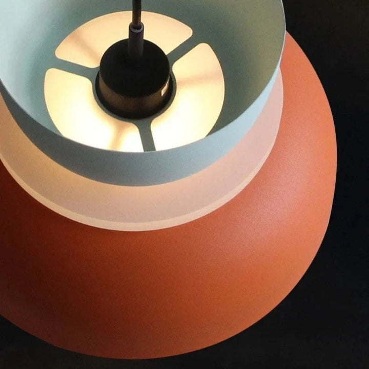 Underside view of FARG Pendant Light – Nordic macaron-style lamp in orange, mint and white showing LED bulb socket and finish