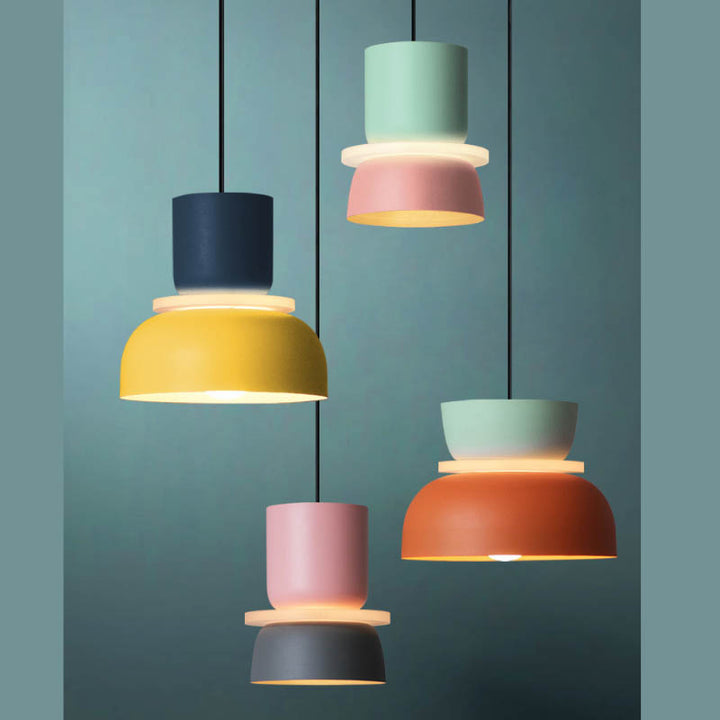 FARG Modern Macaron Pendant Lights – Scandinavian LED ceiling lamps in pastel tones against a teal interior wall