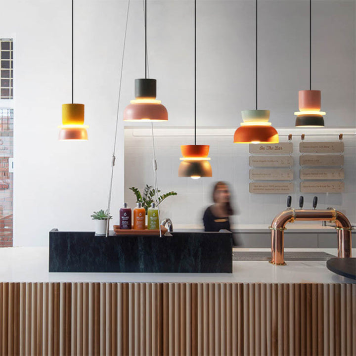 FARG LED Pendant Lights in Café – Warm-toned Nordic macaron lamps creating ambient lighting in a modern UK restaurant interior