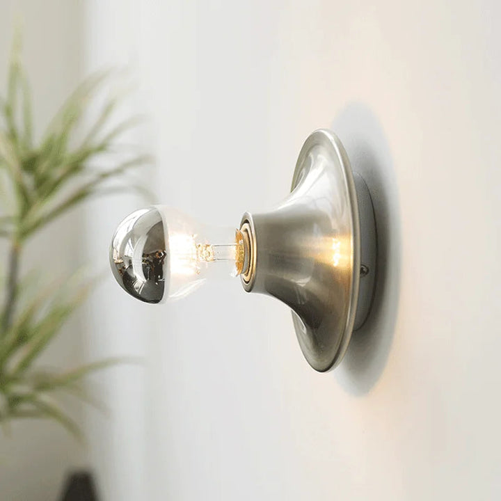 FYR brushed grey LED wall lamp with exposed bulb, modern Scandinavian minimalist lighting