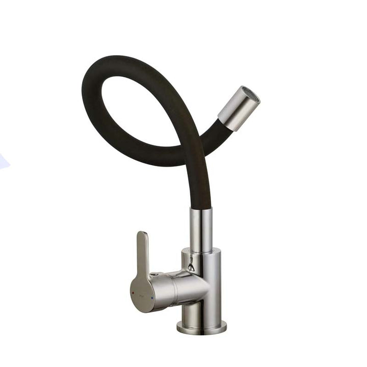 Chrome Flexible Kitchen tap with black hose on a white background