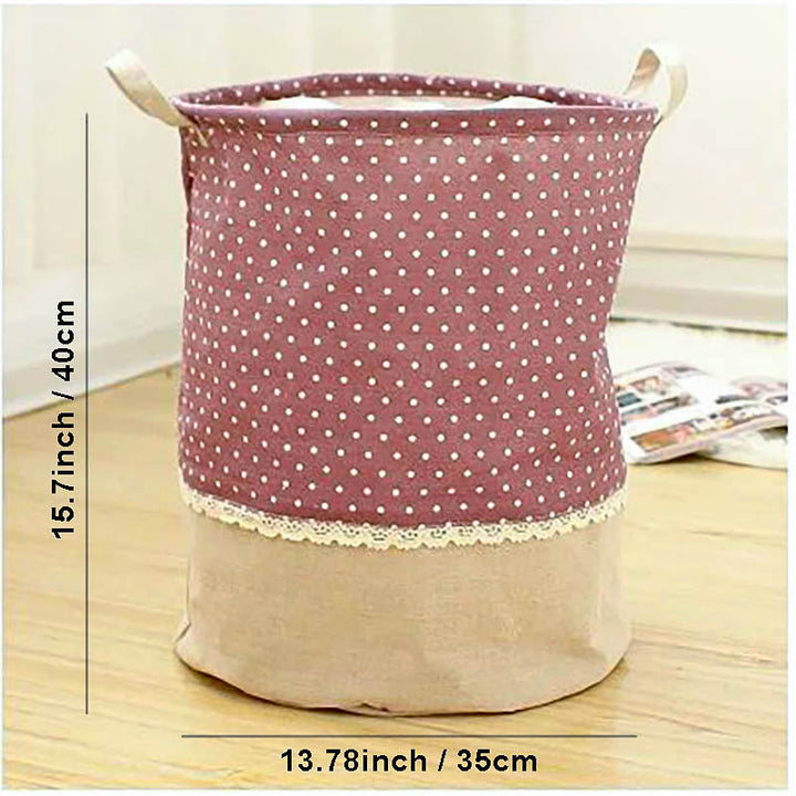 Nordic laundry basket with handles, floral cotton fabric, pink with white polka dots, 40x35cm, foldable storage