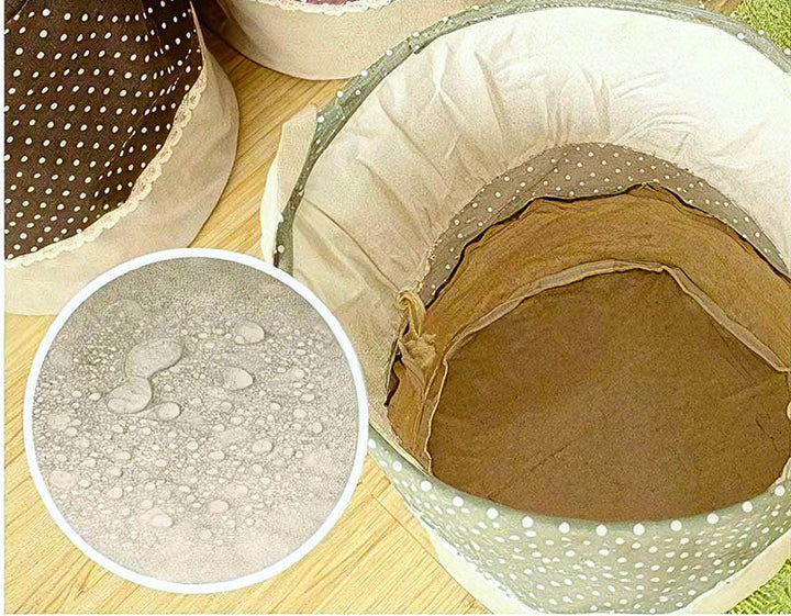 Nordic floral cotton storage basket interior view, waterproof lining, beige and polka dot fabric, 40x35cm