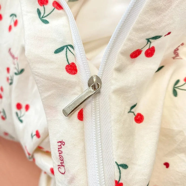 Smooth zip closure on cherry duvet cover, offering convenient cleaning and seamless finish