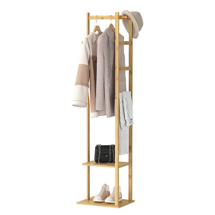 Narrow freestanding bamboo coat rack with six hooks in natural finish, ideal for small UK entryways and hallways