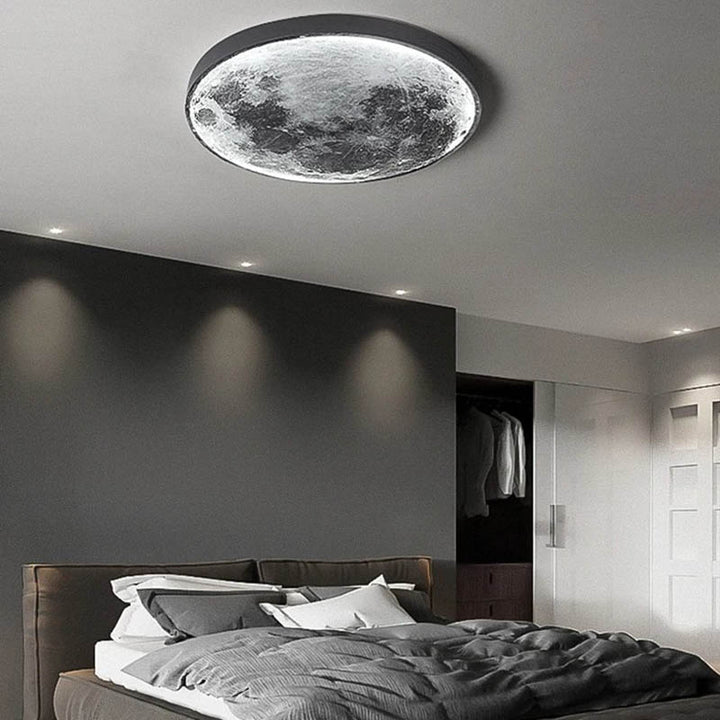 GAIA 3D dimmable LED moon wall lamp by Nordic Essentials, large size, cool white glow in modern living room setting