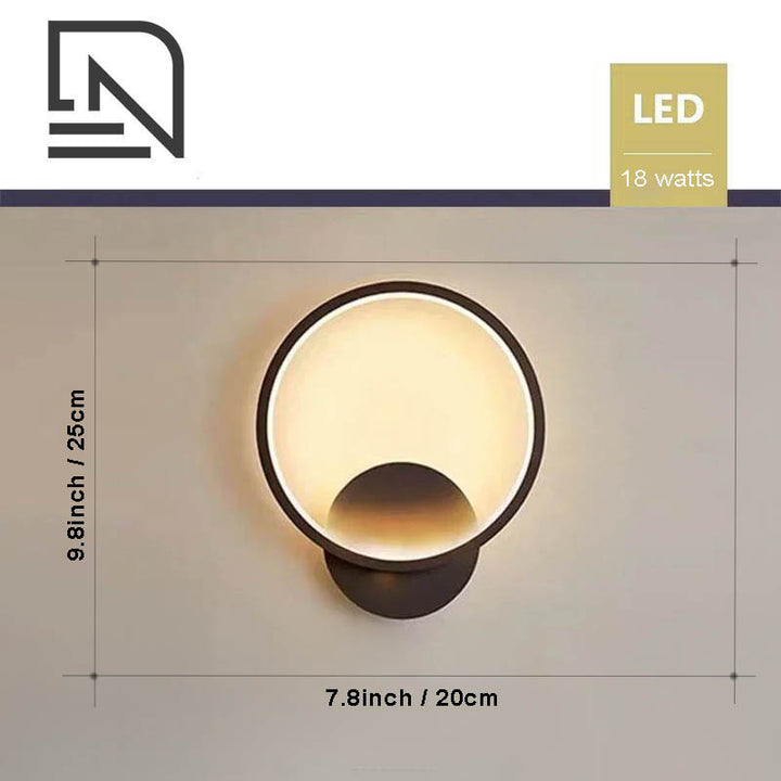Black Nordic LED wall light, modern minimalist 18W circular wall lamp, 25cm x 20cm, ideal for bedroom or hallway lighting