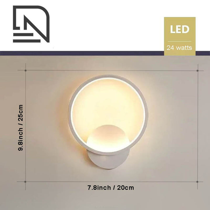 White Nordic LED wall light, modern minimalist 24W round lamp, 25cm x 20cm, ambient lighting for bedroom or hallway