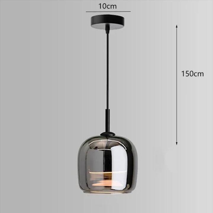 Pendant light with dimensions indicated on a gray background