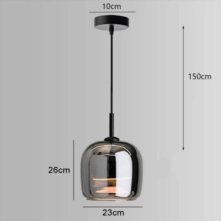 Pendant light with dimensions labeled on a gray background