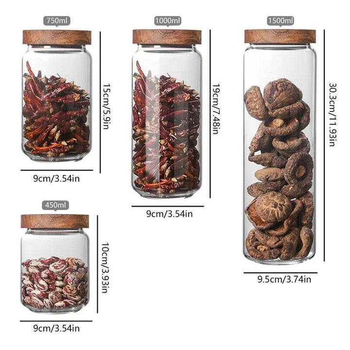 Set of airtight borosilicate glass jars with bamboo lids, sizes 450ml, 750ml, 1000ml, 1500ml
