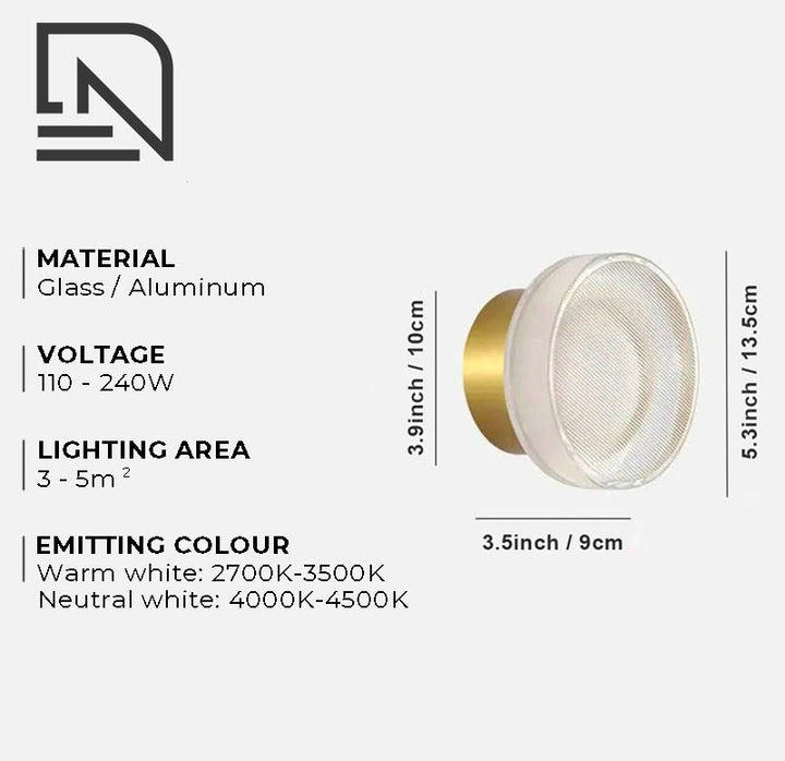 ILD wall sconce spec sheet showing glass and aluminium build, 5–8m² coverage, and neutral white LED colour range.
