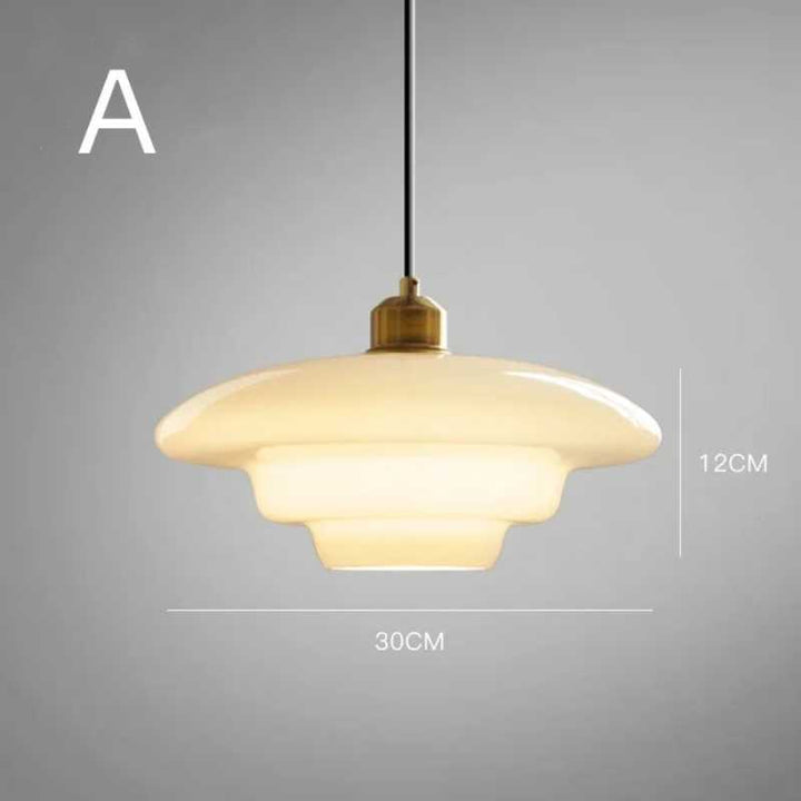 Cream glass pendant light with brass fitting, 30cm wide, mid-century style for kitchen or dining room