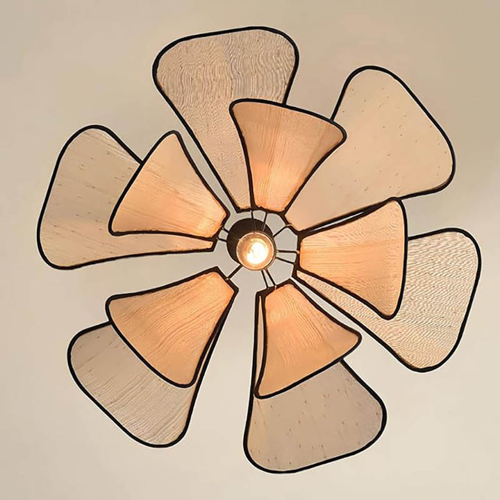 Nordic-style handwoven ceiling light with layered floral frame, black metal edges, modern rustic pendant lighting