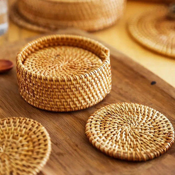 Natural rattan coasters set of 6 with storage holder, boho handwoven drink mats for coffee cups, rustic tableware