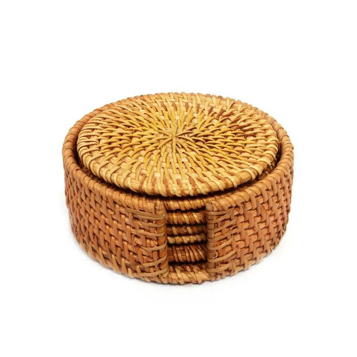 Handwoven rattan coasters set of 6 with lid, natural drink mats for cups and glasses, boho rustic home decor