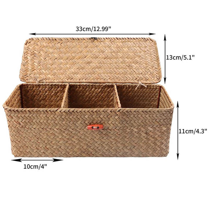 Natural seagrass storage box with lid and compartments, 33x13x11cm, eco-friendly design for bathroom or shelf organisation.
