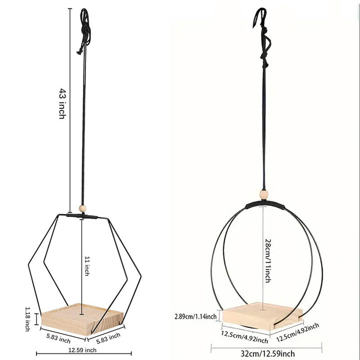 Set of two wooden plant holders with black geometric frames with measurements on white background