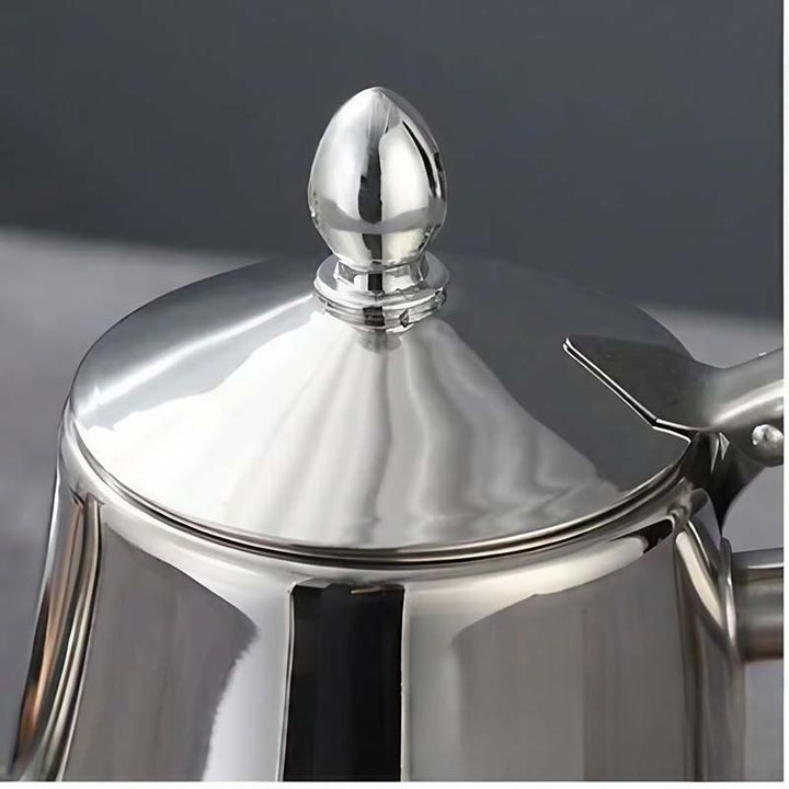 Close-up of a silver Silver stainless steel induction kettle lid with a dark background
