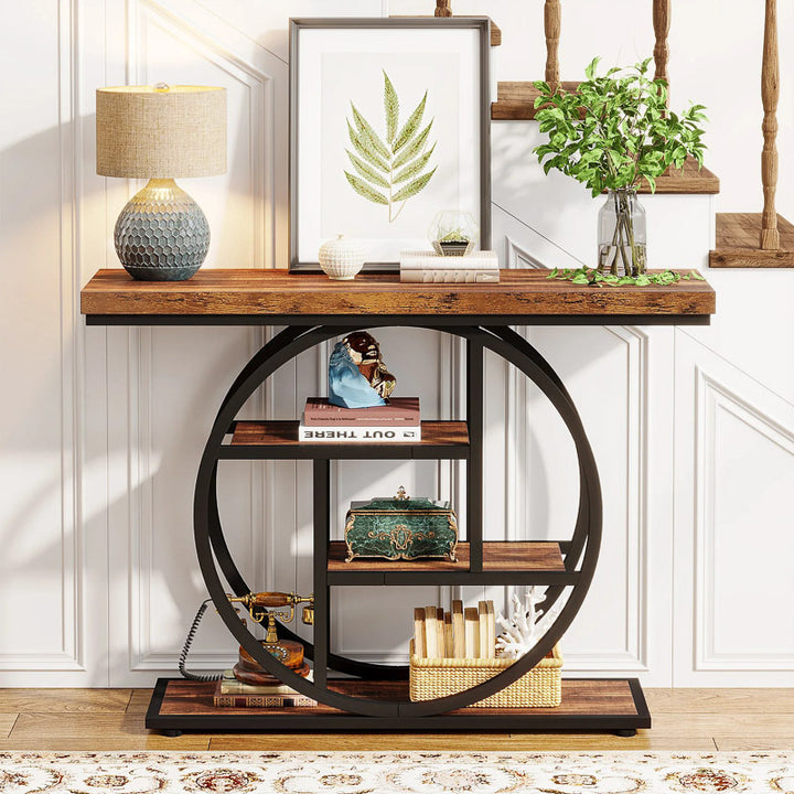 Console table with decorative items in a home setting