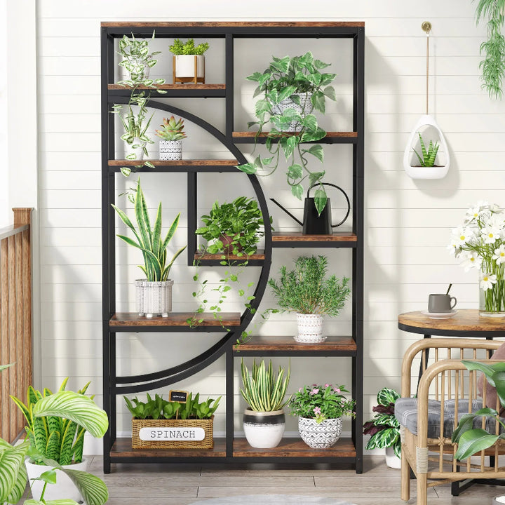 Room divider with plants on shelves in a home setting