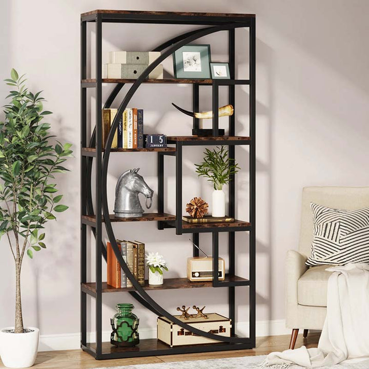 Decorative bookshelf with various items in a living room setting