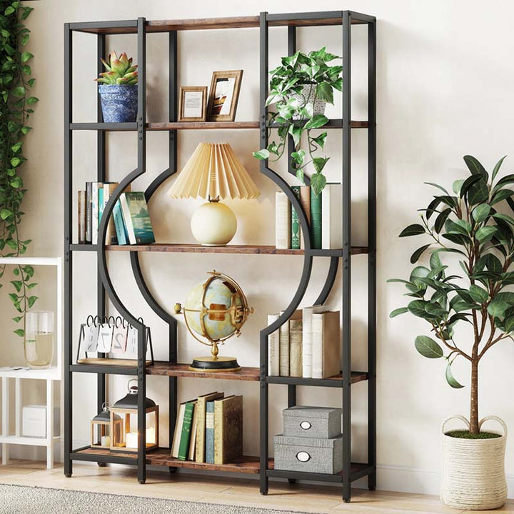 Bookshelf with decorative items including books, a lamp, and plants in a home setting.