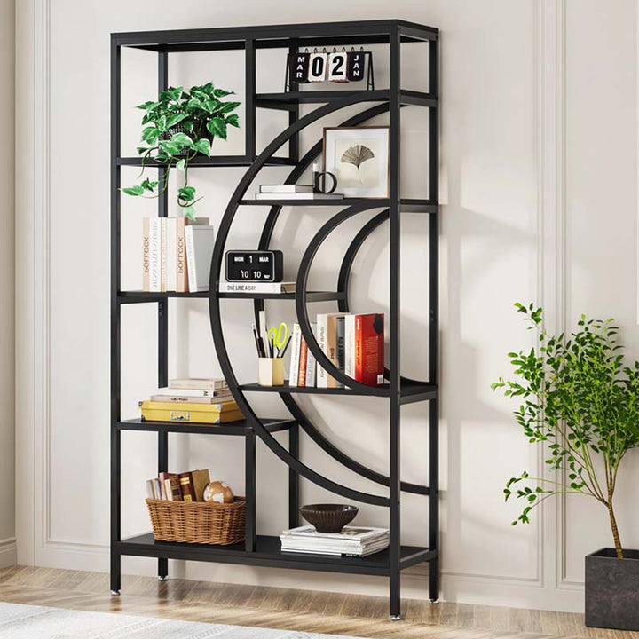 Black metal bookshelf with decorative items against a white wall