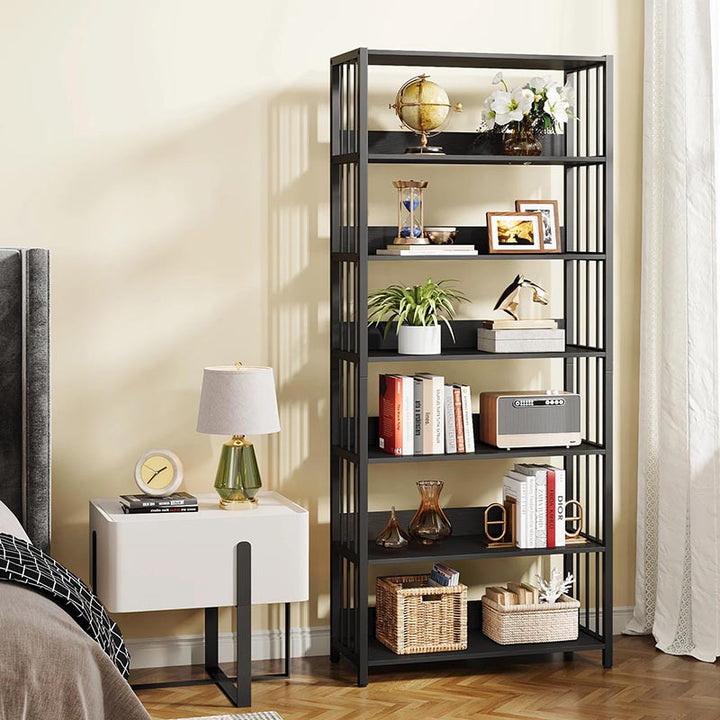 Black iron and wood bookshelf with detailed sizing specs, highlighting overall height and shelf spacing.
