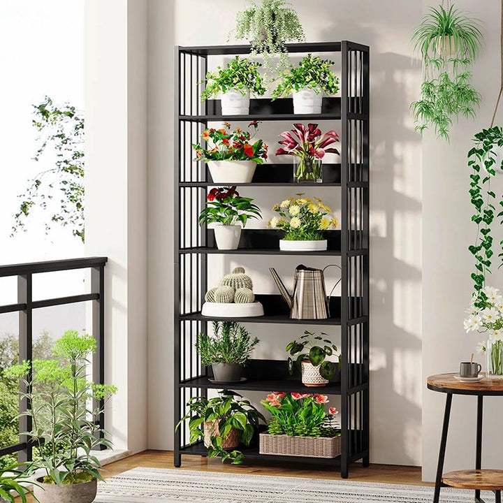 Wood and metal plant shelf display, styled with trailing greenery and potted plants, ideal for indoor plant lovers.