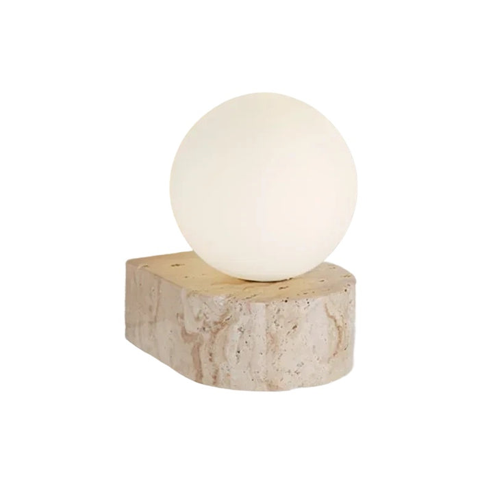 wall lamp with a spherical white bulb on a natural wood base against a white background