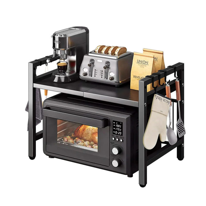 Multifunctional microwave rack organiser with  toaster, coffee maker, and utensils on a white background