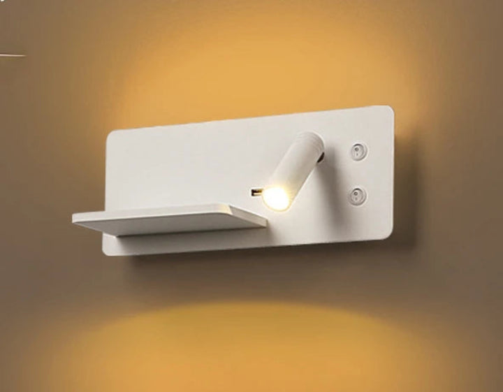 Modern wall-mounted light fixture with a shelf on a neutral background