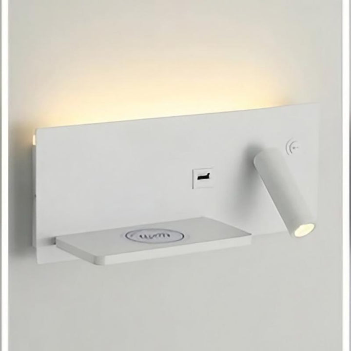 Modern wall-mounted light fixture with a shelf on a white background